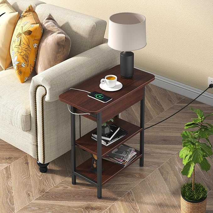 LIDYUK End Table with Charging Station, Flip Top Side Table with USB Ports and Outlets, Nightstand for Small Spaces, Bedside Tables with Storage Shelf for Living Room, Bedroom, Dark Cherry