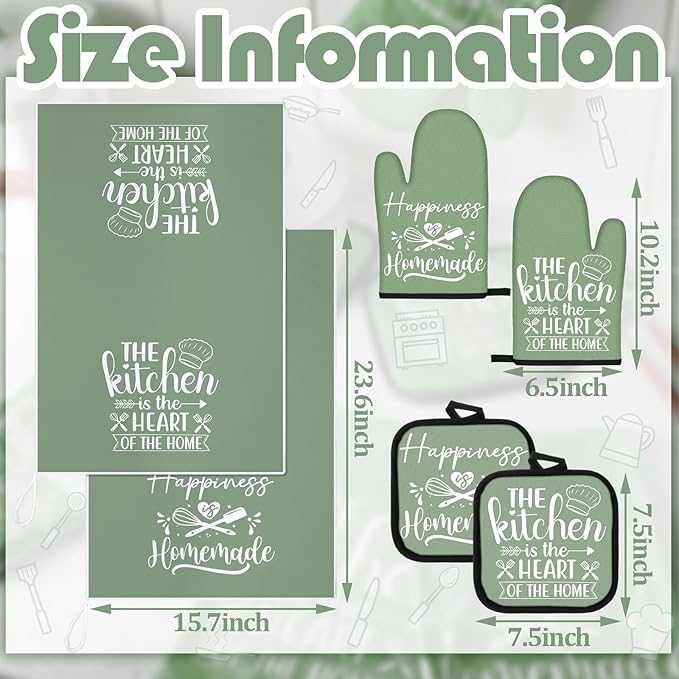 Sratte 6 Pcs Kitchen Decor Accessories Set Farmhouse Towels Pot Holders Oven Mitts Set 2 Dish Towels 2 Potholders 2 Cooking Mittens Oven Glove for Christmas Baking Cooking Supply(Sage Green,Kitchen)