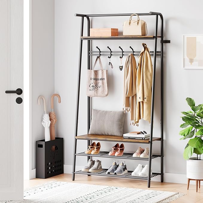 3-in-1 Hall Tree Coat Rack with Bench & Shoe Storage – Sturdy Metal Frame, 5 Hooks, Clothes Rail – Entryway Organizer for Hallway, Mudroom, Front Door – Black & Natural – 80 Single Row Hook