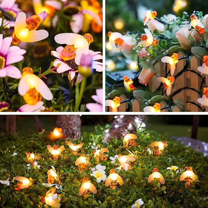 JMEXSUSS Solar Bee Lights Outdoor Waterproof, 30.6FT 50 LED Solar Fairy Lights, 8 Modes Twinkle Light for Outside Garden Patio Yard Decorations