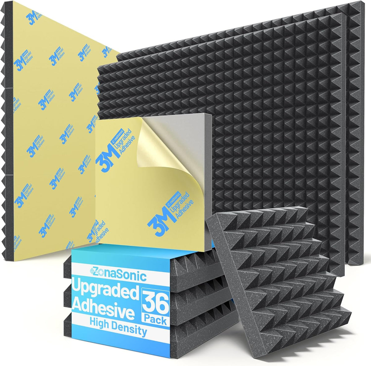 36 Pack Pyramid Sound Proof Foam Panels for Walls with Updated Self-Adhesive 3"X12"X12" High Density Acoustic Panels Sound Absorbing Fast-Expanding Soundproof Wall Panels for Gaming Studio Decor-Black