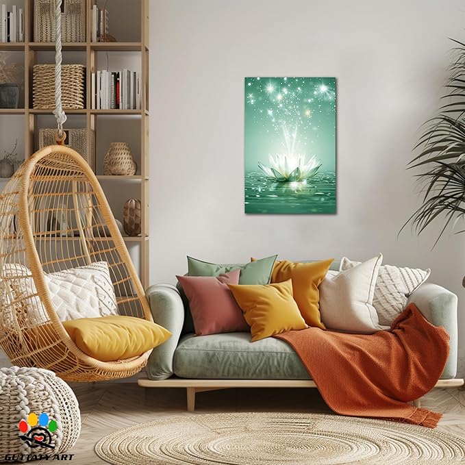 Zen White Lotus Flower Canvas Wall Art, Lotus Floral Pictures Wall Print, Spiritual Water Lily Canvas Prints, Lotus Bloom on Water Poster, Zen Meditation Spiritual Artwork for Yoga Spa Room 18x24 inch