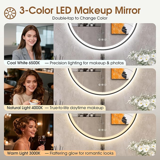 STARLEAD 28" Black Frameless Round LED Bathroom Mirror with Bluetooth Speaker, Dimmable Lighting, 3 Color Modes, Anti-Fog, Touch Control Wall Mounted Vanity Mirror