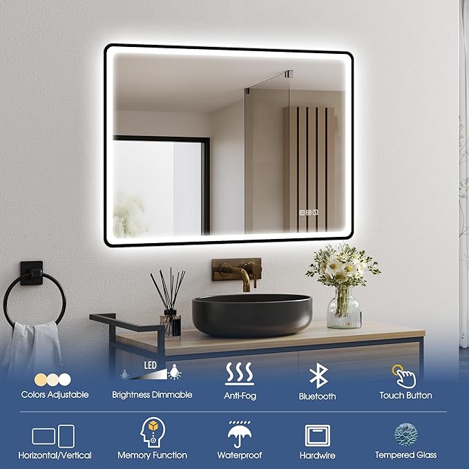STARLEAD 28"x36" Black Frameless LED Bathroom Mirror with Bluetooth Speaker, 3 Color Temperature, Stepless Dimming, Anti-Fog, Touch Control, Wall-Mounted Vanity Mirror, Vertical or Horizontal