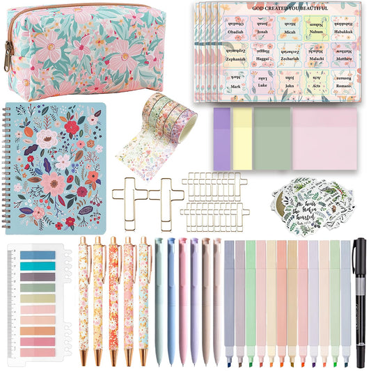 PartyGalore Bible Study Supplies Journaling Kit with Tabs and Notebooks, Bibles Highlighters and Pens No Bleed, Bible Study Kit for Women Students Beginner Christian Gifts
