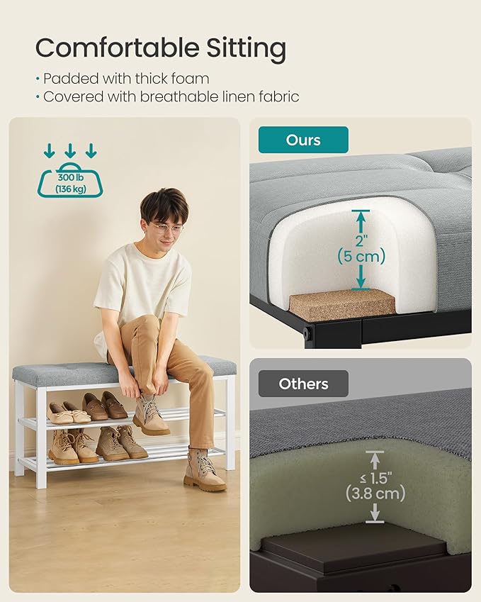 SONGMICS Shoe Bench, Storage Bench, Entryway Bench with Cushion, Shoe Shelf with Seat, Space-Saving, Modern Style, for Living Room, Bedroom, Hallway, Dove Gray and Cloud White ULBS579W01