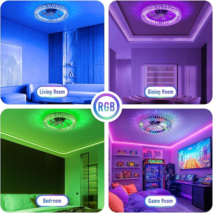 RGB Ceiling Fans with Lights, 22" Low Profile Ceiling Fan with Light,Smart Bladeless LED Fan Light with Remote/APP Control,Black Ceiling Fan for Bedroom