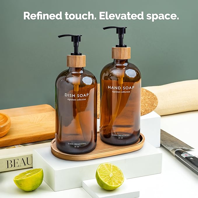 Vine Creations Amber Glass Soap Dispenser Set, Hand Soap and Dish Soap Dispenser Set with Bamboo Tray, 16 oz Glass Dispensers Bottle for Kitchen and Bathroom Decor Modern Boho with Bamboo Pump (Amber)