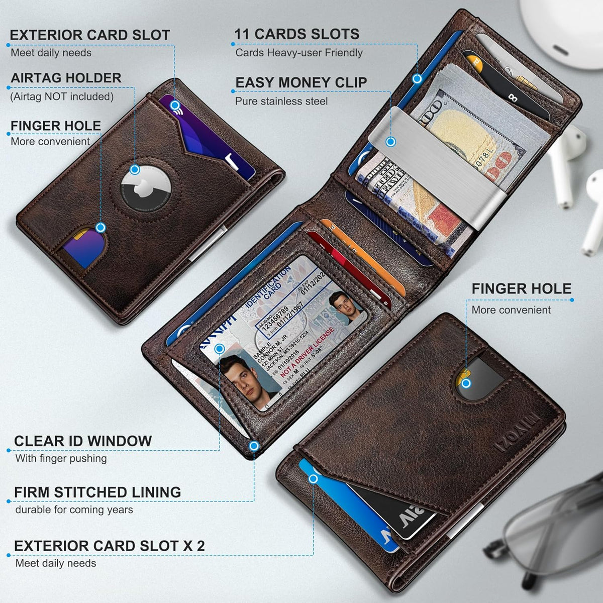Airtag Wallet for Men,with Money Clip 11 Cards Slim Front Pocket Leather RFID Blocking Wallet with Gift Box