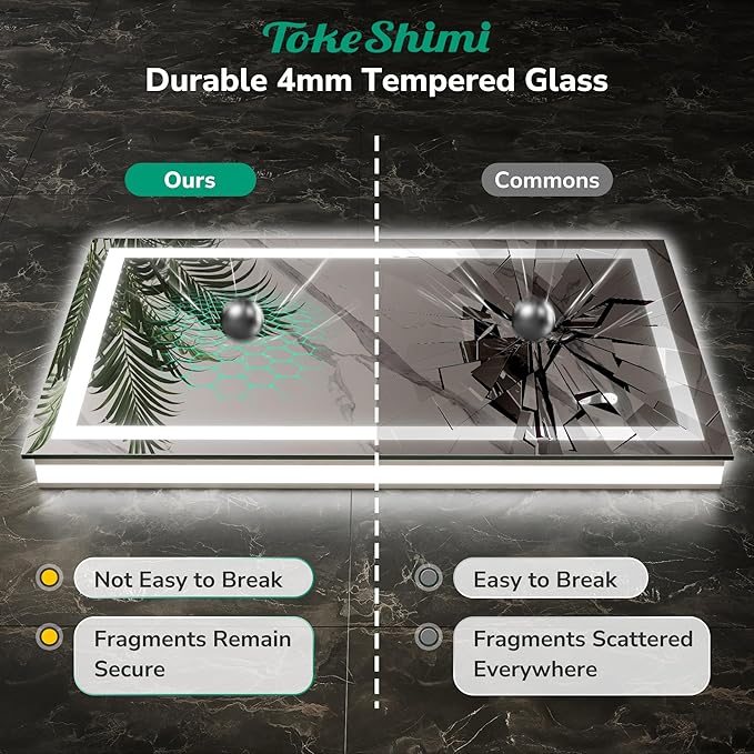 TokeShimi 72x36 LED Mirror for Bathroom with 3-Color Lights,Lighted Vanity Mirror with Lights,Anti-Fog,Stepless Dimmable,HD Tempered Glass,Memory Function,Waterproof,Shatterproof,UL Listed