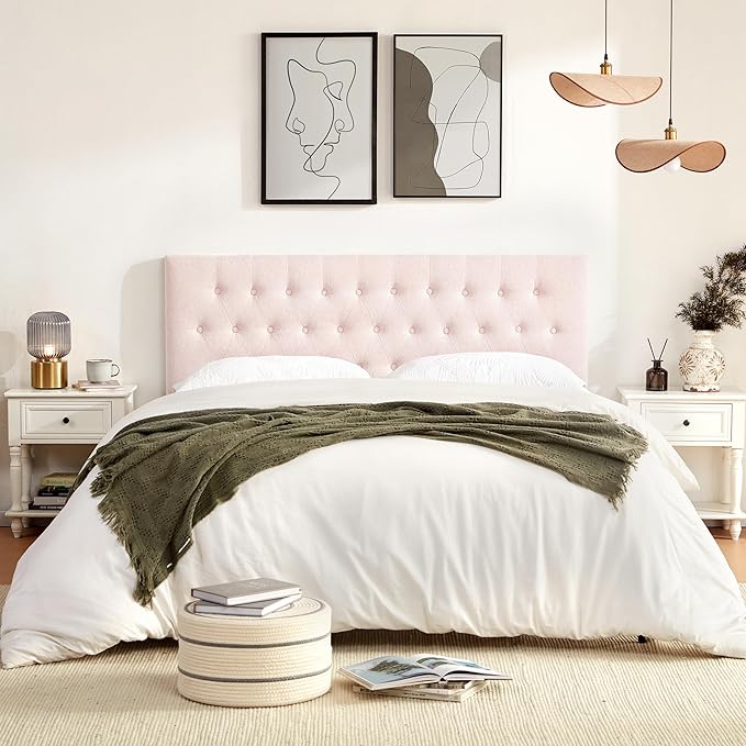 Tufted Upholstered Headboard California King Size, Solid Wood Head Board with Durable Metal Legs, Adjustable Height Bed headboard from 37” to 51” Fabric Headboard in Button Design, Pink