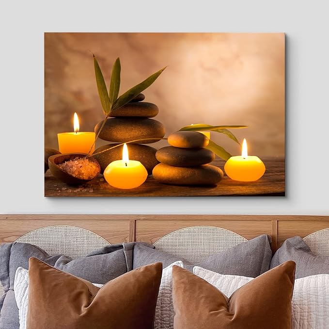 wall26 Canvas Print Wall Art Candles with Massage Stones in Romantic Brown Atmosphere Floral Nature Photography Realism Bohemian Scenic Relax/Calm Cool for Living Room, Bedroom, Bathroom - 12"x18"