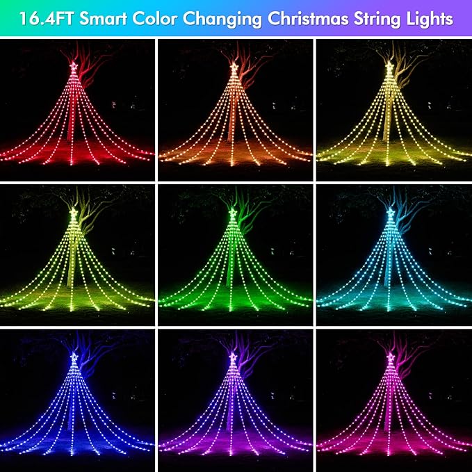 16.4FT Outdoor Christmas Decorations, Smart RGB Color Changing Christmas Hanging Waterfall String Lights, APP Remote Control, DIY Multi-Color Lightshow, Music Sync, Outside Xmas Lights Decor