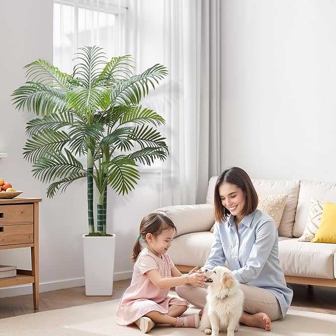 VEVOR Artificial Areca Palm Tree 6 ft, Fake Palm Tropical Plants with White Tall Planter, Faux Floor Silk Plant in Pot, Large Trees for Home Office Living Room Decor House Warming, Indoor Outdoor