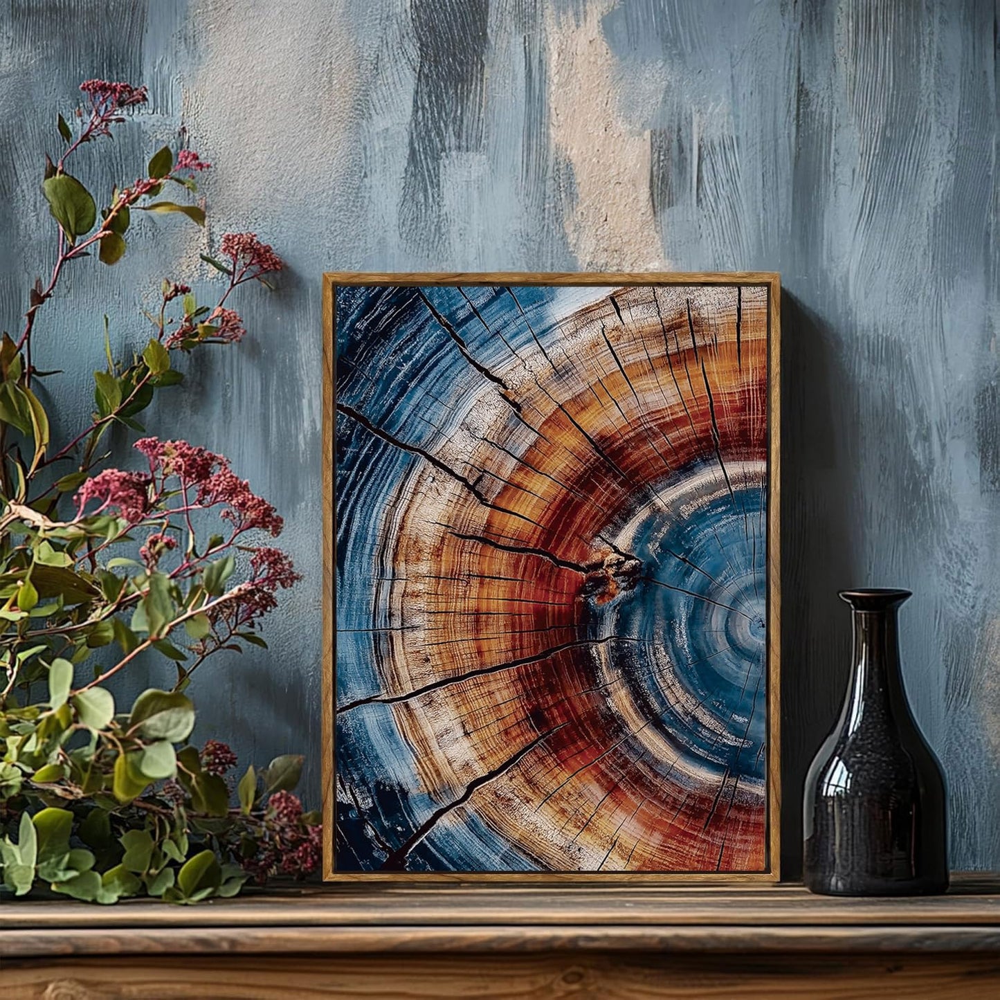 BingruiArt Framed Tree Ring Wall Art Blue and Red Boho Wall Decor Nature Print Wood Canvas Rustic Artwork Abstract Painting Modern Picture for Living Room Bedroom Bathroom 12"x16"" Natural Framed(01)"