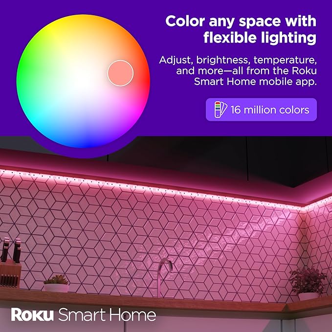 Roku Smart LED Light Strip, 16.4ft - Color Options with Adjustable Brightness & Temperature - Peel & Stick WiFi Smart Strip Lights Works with Roku Voice, Alexa & Google Assistant - Smart Home Products