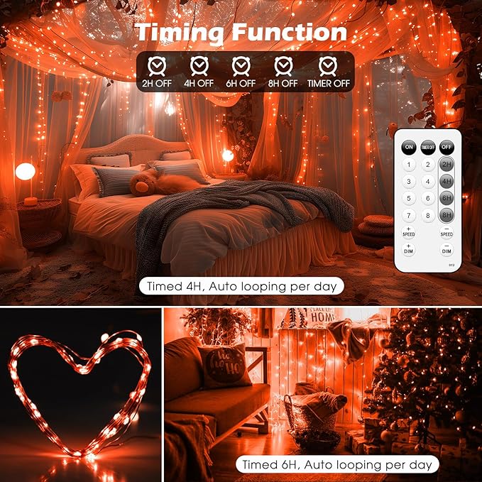 Fairy Lights 66ft 200 LED USB Twinkle String Lights Plug in Silver Wire Lights with Remote and Timer 8 Modes Outdoor Waterproof Starry Lights DIY Party Wedding Christmas Decoration（Orange）