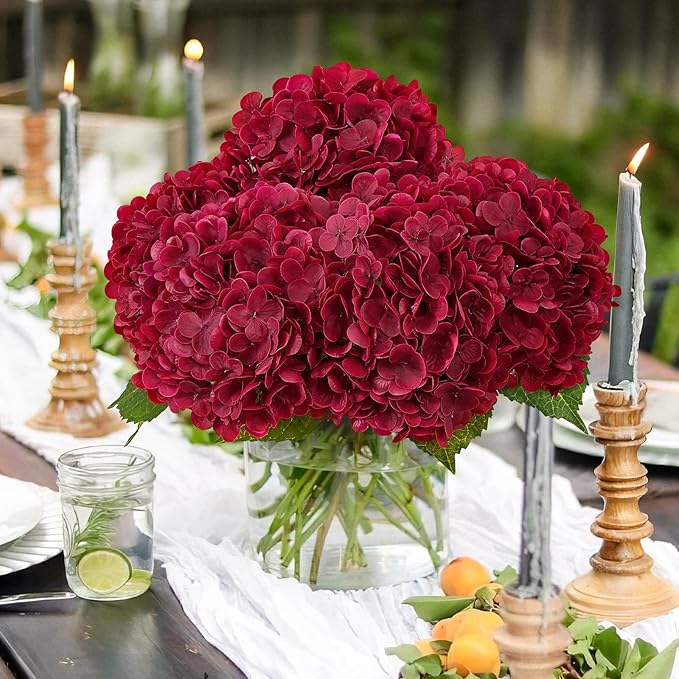 MARTINE MALL 3Pcs 21in Hydrangea Artificial Flowers, Latex Real Touch Hydrangeas Lifelike Large Hydrangea Flowers for Home Decor Party Arrangements Wedding Bouquets Centerpieces (Burgundy)