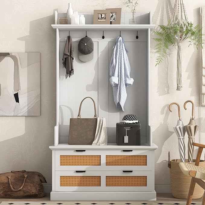 RUNNA Wooden Hall Tree with 5 Metal Hooks and 2 Large Drawers,Organizer with Bench,Top Shelves and Metal Handles,For Hallway Entryway Mudroom Use (White@Hooks)