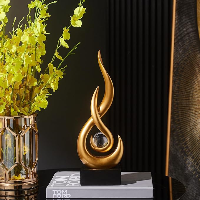 Gold Flame Statue Decor for Living Room, 13.7" H Modern Minimalist Sculptures Home Decorations for Dining Room, Abstract Art Sculpture for Shelf Coffee Table Centerpiece