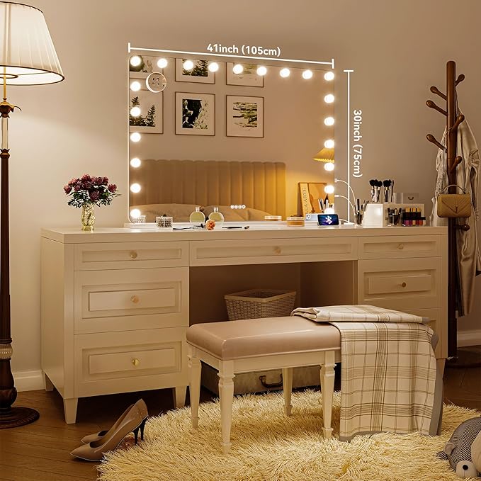 Hasipu LED Makeup Mirror with Bluetooth Speaker, 41" x 30" Makeup Mirror with Lights and Magnification, Hollywood Mirror with 3 Color Modes, LED Make up Mirror with USB & Type-C Charging