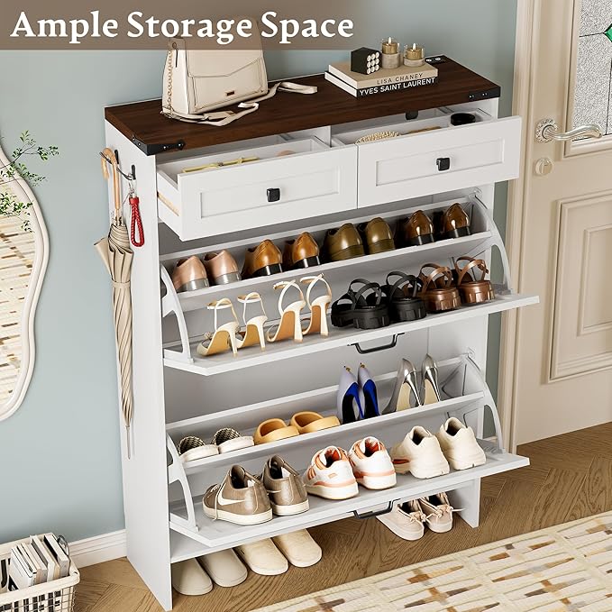 Shoe Cabinet with Odor Control Deodorizer and Back Panel, Farmhouse Narrow Shoe Storage Cabinet Rack for Entryway with 2 Flip Drawers and 2 Top Drawers, Adjustable Shelves, Side Hooks