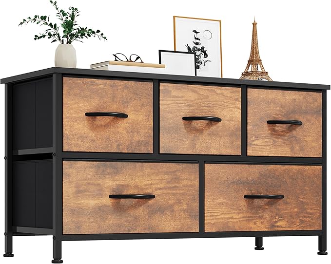 YITAHOME Wide Storage Tower with 5 Drawers - Fabric Dresser, Organizer Unit for Bedroom, Living Room, Closets - Sturdy Steel Frame, Easy Pull Fabric Bins & Wooden Top