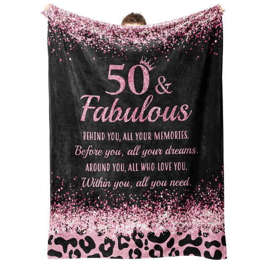 GoMelley 50th Birthday Gifts for Her- 50 and Fabulous Cheetah Leopard Print Flannel Blanket- 50 Years Old Gifts for Women, 50th Birthday Gifts for Women, Friends, Mom, Wife, Aunt, Sister, 60"*50"