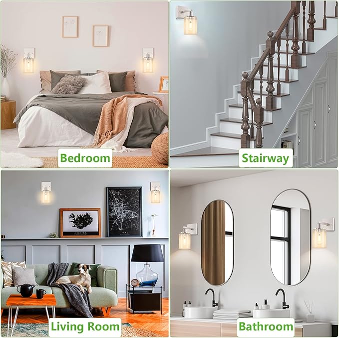 Licperron Wall Sconces Set of Two, Brushed Nickel Modern Wall Sconces Lighting with Clear Glass Shade, Industiral Bathroom Vanity Light Fixtures, Farmhouse Wall Lamp for Bedroom Mirror Living Room