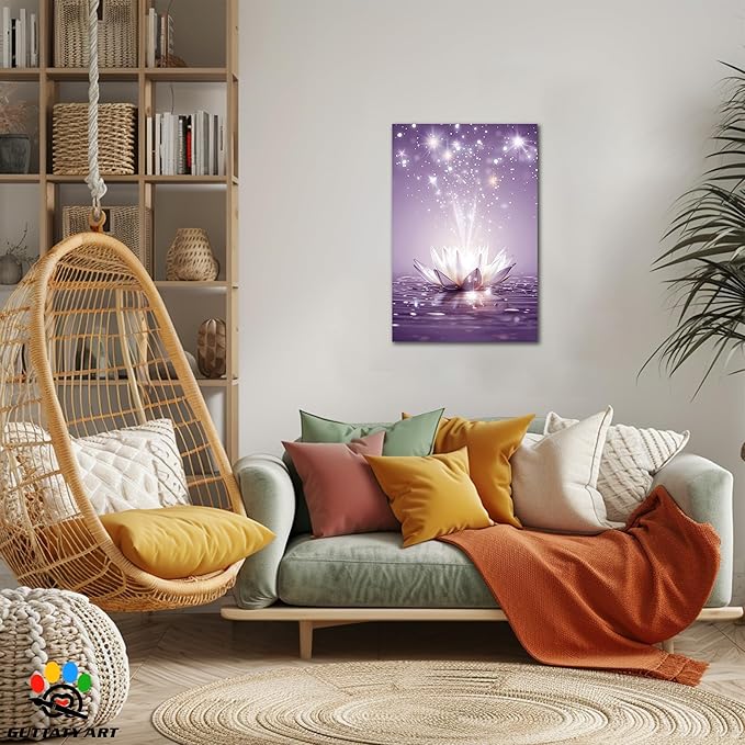 Zen Canvas Wall Art, White Lotus Flower Bloom in Water Picture, Zen Blue Flower Painting, Modern Framed Spiritual Home Artwork for Yoga Spa Meditation Spiritual Room Living Room Office 18x24 inch
