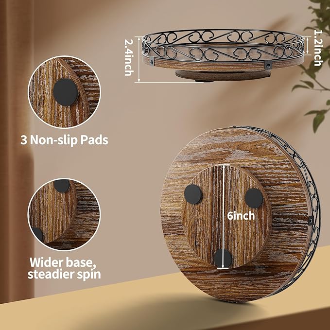 10" Lazy Susan Turntable Organizer for Table Top, Round Wooden Lazy Susan for Cabinet, Farmhouse Decorative Tray for Coffee Table, Kitchen Organizer Countertop, Center Piece Decor, Rustic Brown