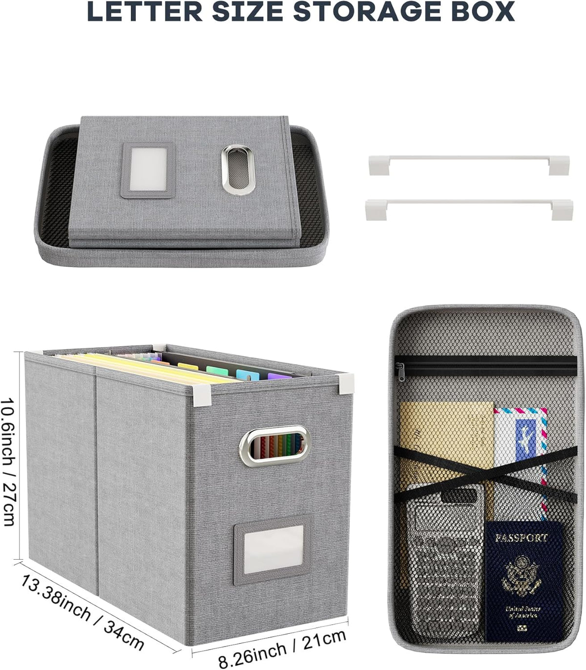 Oterri File Organizer with Lid, Hanging Filing Box with Mesh Pocket, Document Organizer for Letter Files, Portable Storage Box with Smooth Sliding Rail for Office & Home (1 PCS, Light Grey)