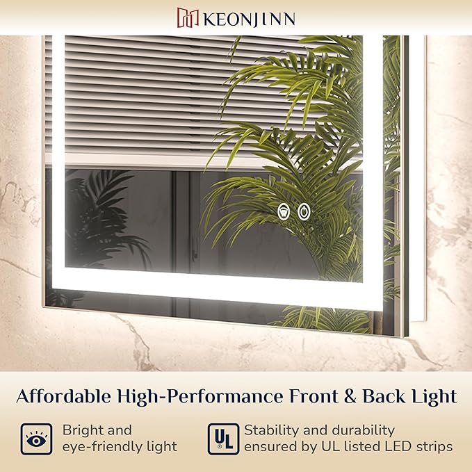 Keonjinn LED Mirror for Bathroom 48 x 30 Inch, Frontlit & Backlit Bathroom Vanity Mirror with 3 Color Lights, Lighted Bathroom Mirror with Anti-Fog, HD Tempered Glass, UL-Listed LED Driver, CRI90+