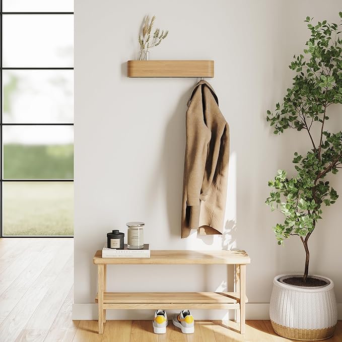 Kazai. Wall-Mounted Coat Rack 'Toke' - Modern Design Coat Rack with Hidden Wall Hooks - Solid Wood Veneer Panel Coat Hanger - Oak