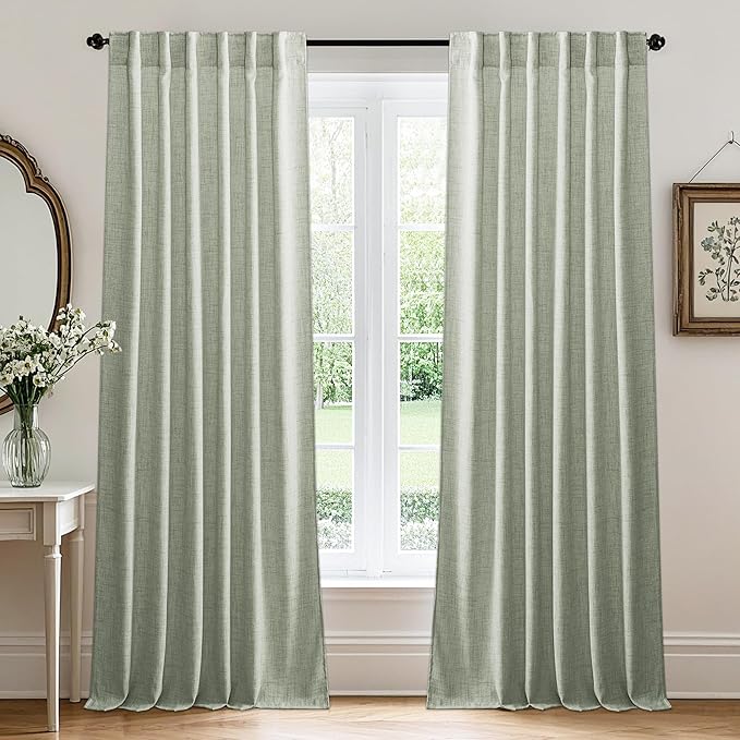 RYB HOME Linen Sheer Curtains and Drapes for Living Room and Dining Room 120 inches Length, Breathable Back Tab/Rod Pocket Semi Sheer Curtains, Sage Green, W 52 x L 120 inches, 2 Panels Set