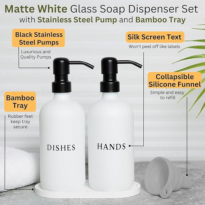 Glass Hand and Dish Soap Dispenser Set with Bamboo Tray – 16 oz Kitchen Soap Dispenser Set, Black Pumps, Silicone Funnel – Modern Farmhouse Kitchen Sink Decor and Accessories
