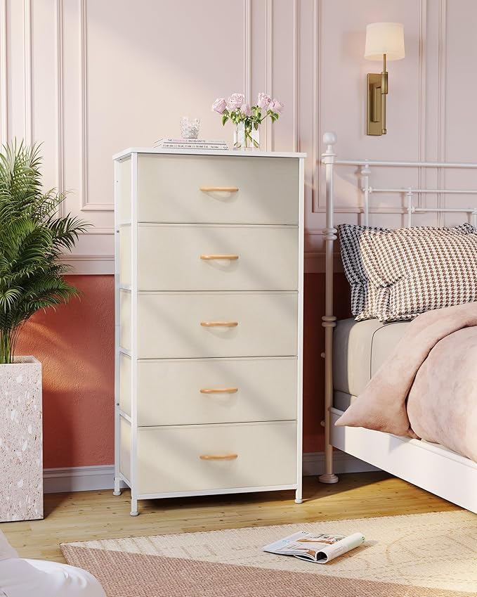 Crestlive Products Vertical Dresser Storage Tower - Sturdy Steel Frame, Wood Top, Easy Pull Fabric Bins - Wide Organizer Unit for Bedroom, Hallway, Entryway, Closets - 5 Drawers(Beige)