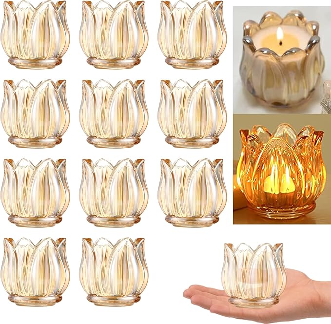 GOLDEAL 6Pcs Gold Votive Candle Holders, Thick Glass Tea Light Candle Holder Bulk, Tealight Candle Jars for Wedding Table Decor, Party Supplies, Bridal Shower Decorations, Centerpieces for Tables