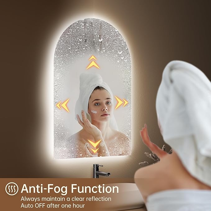 Arched Backlit Mirror Bathroom 24"x36"- Frameless LED Bathroom Mirror with Lights, Fogless, Dimmable, 3 Color Changing, Shatterproof, Touch Sensor
