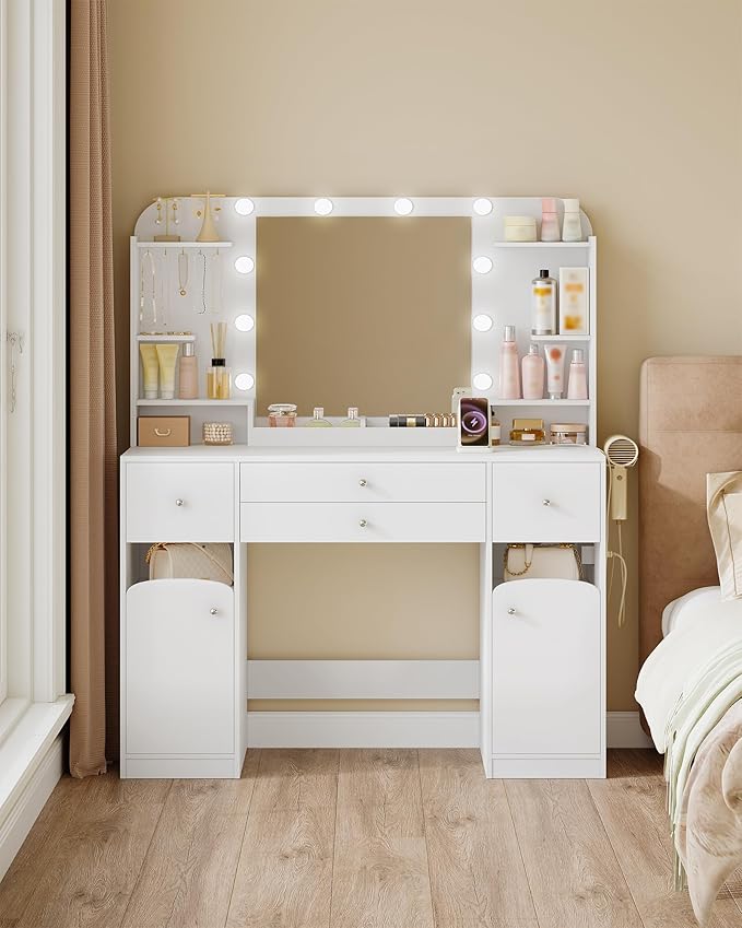 Vanity Desk with Mirror, Makeup Vanity with Led Lights,Dressing Table with Power Strip, 4 Drawers, 42.5'' Large Tabletop, 2 Open Storage Cabinets, with Jewelry Storage, White
