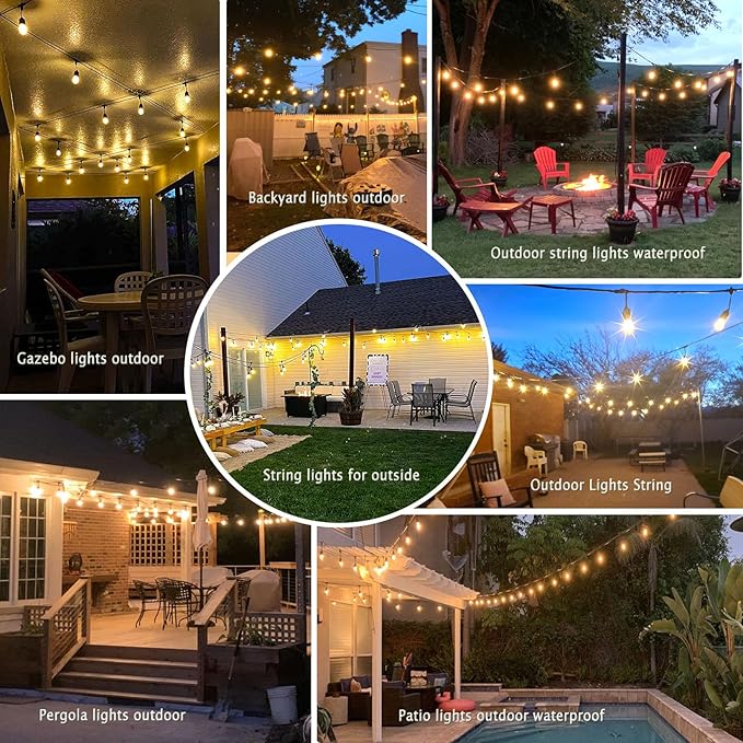 Commercial Outdoor String Lights 48FT, 15+1 LED Replaceable S14 Edison Bulbs 2200K, Black Weatherproof Cord for Patio Bistro Yard Pergola Lights, Linkable