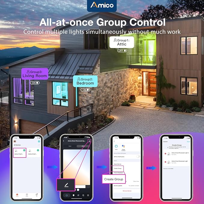 Amico 4 Pack 6 Inch Smart LED Recessed Lighting, WiFi Canless Downlight with Junction Box, RGB & 2700-6500K Color Changing, 12W=110W 1000LM, Voice&Remote&Group Control