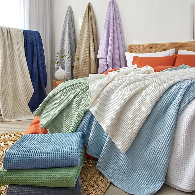PHF Pre-Washed Cotton Waffle Weave Family Blanket,Oversized King Size 120"x 120"-Snag Proof Lightweight Breathable, 10'x 10' Huge Extra Large Big-Elegant Aesthetic Home Decoration Gift,Dark Navy