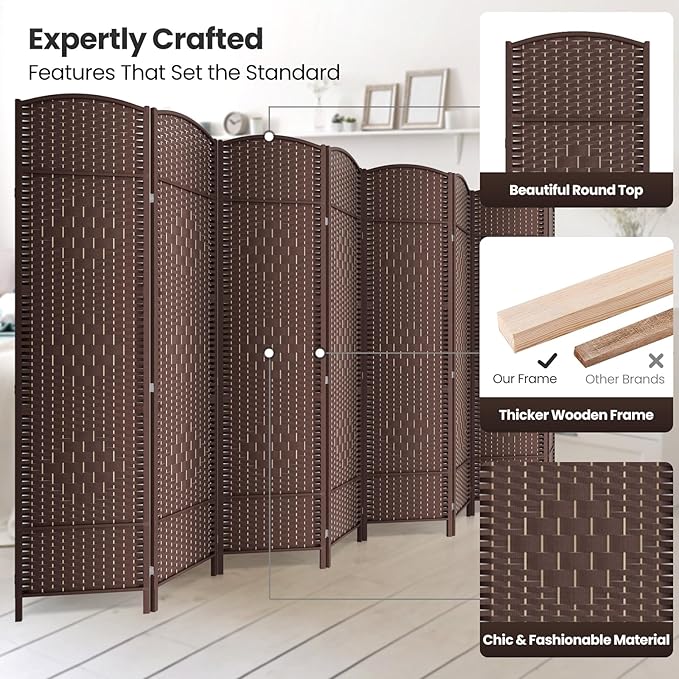 8 Panel Room Divider,6Ft Folding Privacy Screen,Tall - Extra Wide Foldable Panel Partition Wall Divider with Diamond Double-Weaved Hand-Woven Design Room Screen Divider