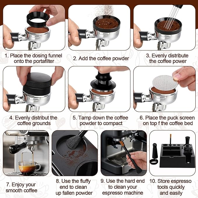 7pcs Espresso Accessories Kit 51/58/53mm Tamping Station Machine Accessories Spring Loaded Calibrated Tamper Wdt Espresso Tool and Dosing Funnel Set Distributor and Tamper Leveler(53mm)