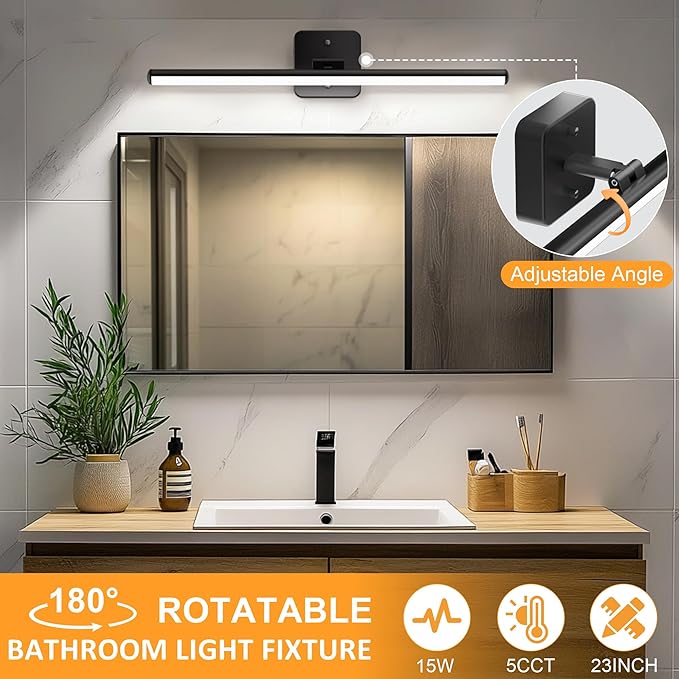 Sailstar Upgraded Bathroom Light Fixtures 23 inch Rotatable, Dimmable 15W 5CCT 1500LM IP44 Modern Bathroom Vanity Light Over Mirror, Built-in Dimmer, Black Vanity Lights for Cabinets Mirror