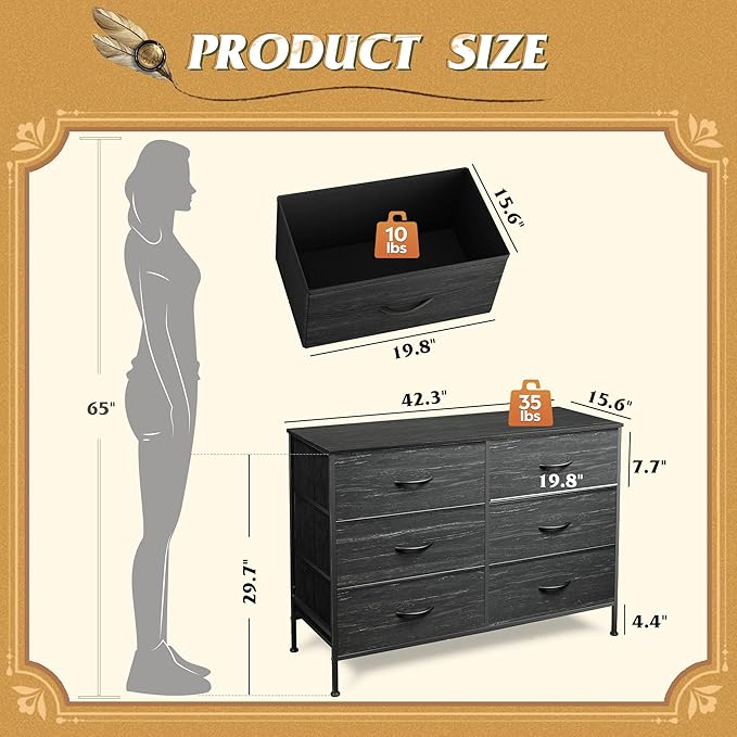 WLIVE 6 Drawer Dresser for Bedroom, Wide Fabric Dresser TV Stand for 50 Inches TV with Metal Frame, Wooden Top, Chest of Drawers, Dressers for Living Room, Hallway, Charcoal Black Wood Grain Print