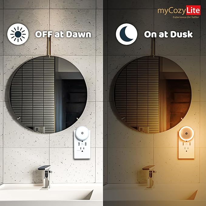 myCozyLite LED Night Lights Plug into Wall, Dusk to Dawn Sensor, Warm Hue, Plug in Night Light, Automatic Dimming, 2 Pack Night Lights for Kids, Adults, Hallways, Stairway, Kitchen, Bathroom, Bedroom