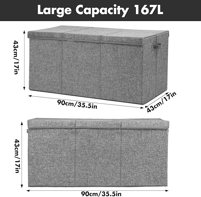 Extra Large Toy Box 167L, Sturdy Toy Storage Chest Organizer Bin Baskets with 2 Removable Divider for Boys, Girls, Kids, Nursery, Bedroom, Playroom, 35.5"x17" x17"(Linen Gray)