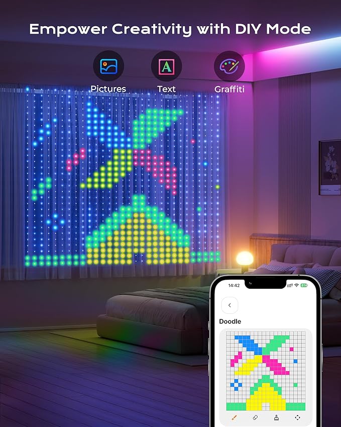 1600 RGB LEDs Smart Curtain Lights with DIY GIF, 6.6x6.6ft Color Changing Christmas Wall Lights with APP, IP65 Waterproof String Fairy Lights for Indoor Outdoor Bedroom Window Garage